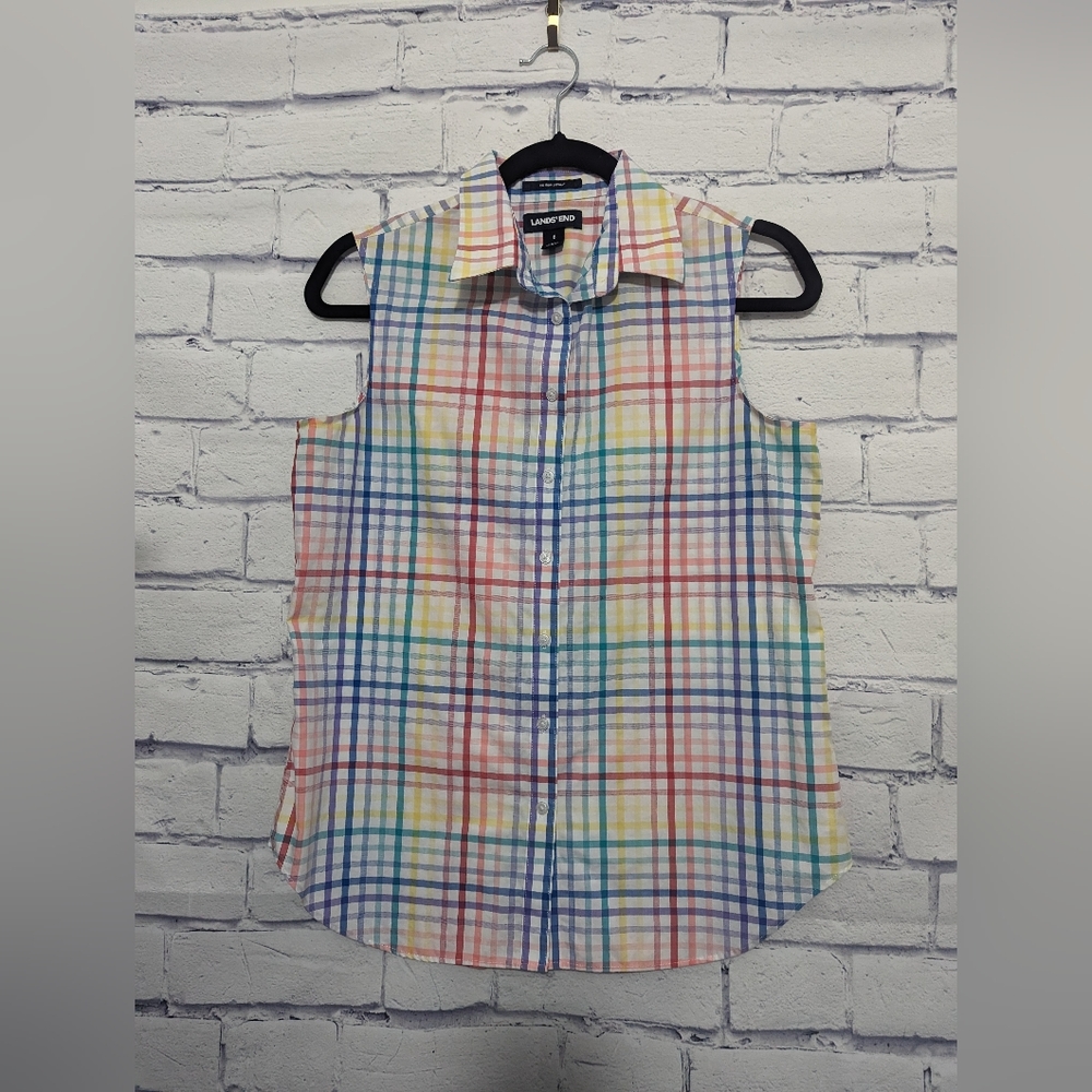 Lands' End Sleeveless Checkered Button Down Blouse Shirt Women's Small Size 6